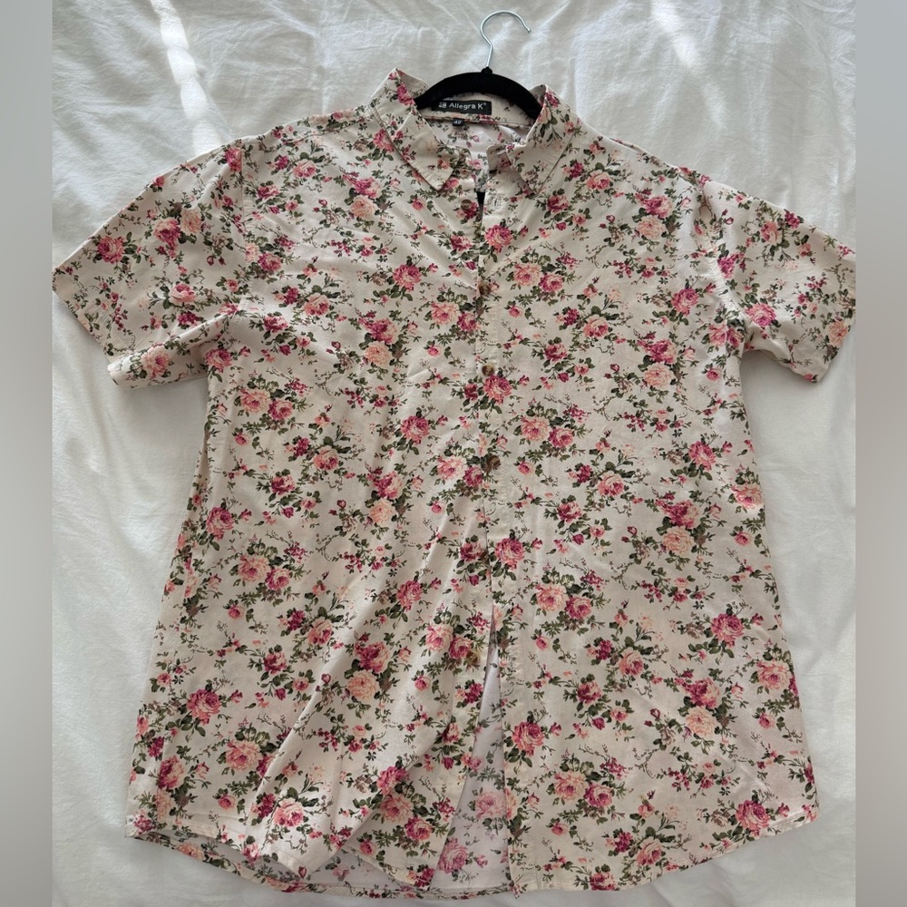 Allegra K Pink and Cream Floral Men's Shirt